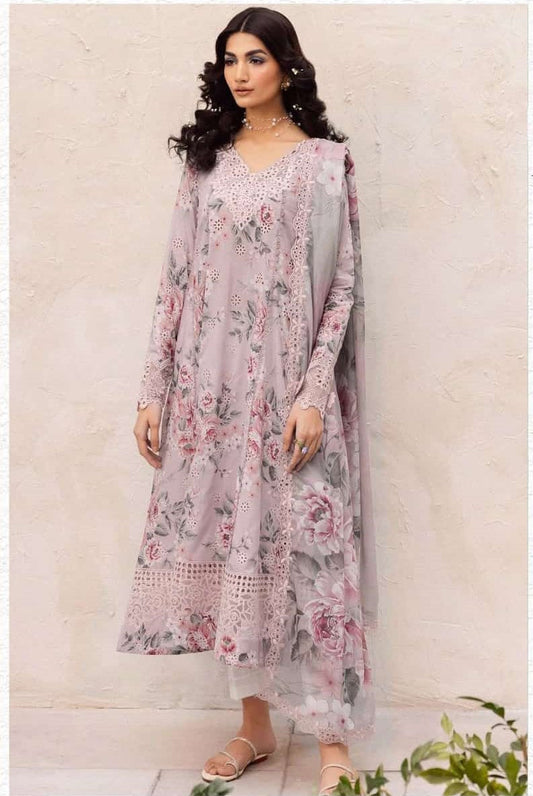 3Pc Print Lawn With Embroidered Patches