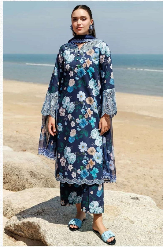 3Pc Print Lawn With Embroidered Patches