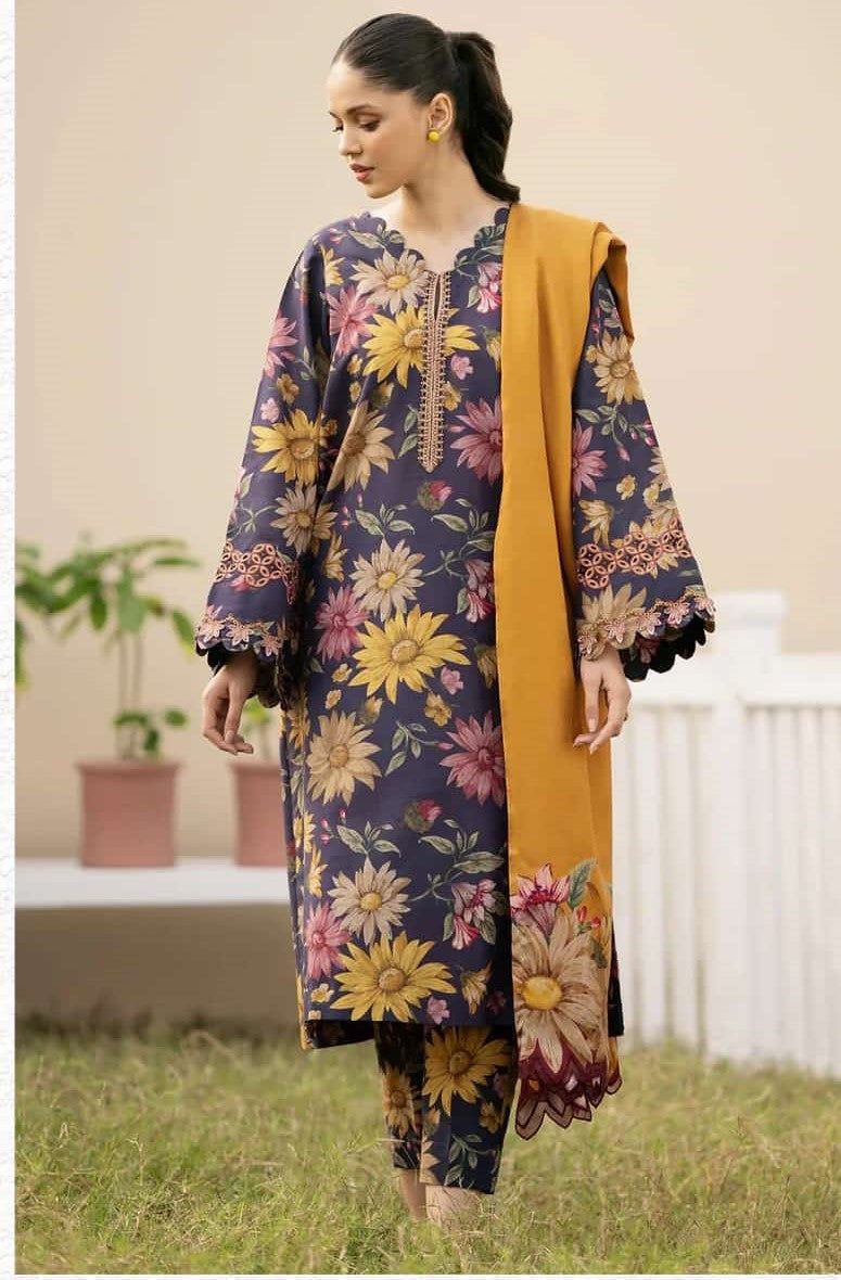 3Pc Print Lawn With Embroidered Patches