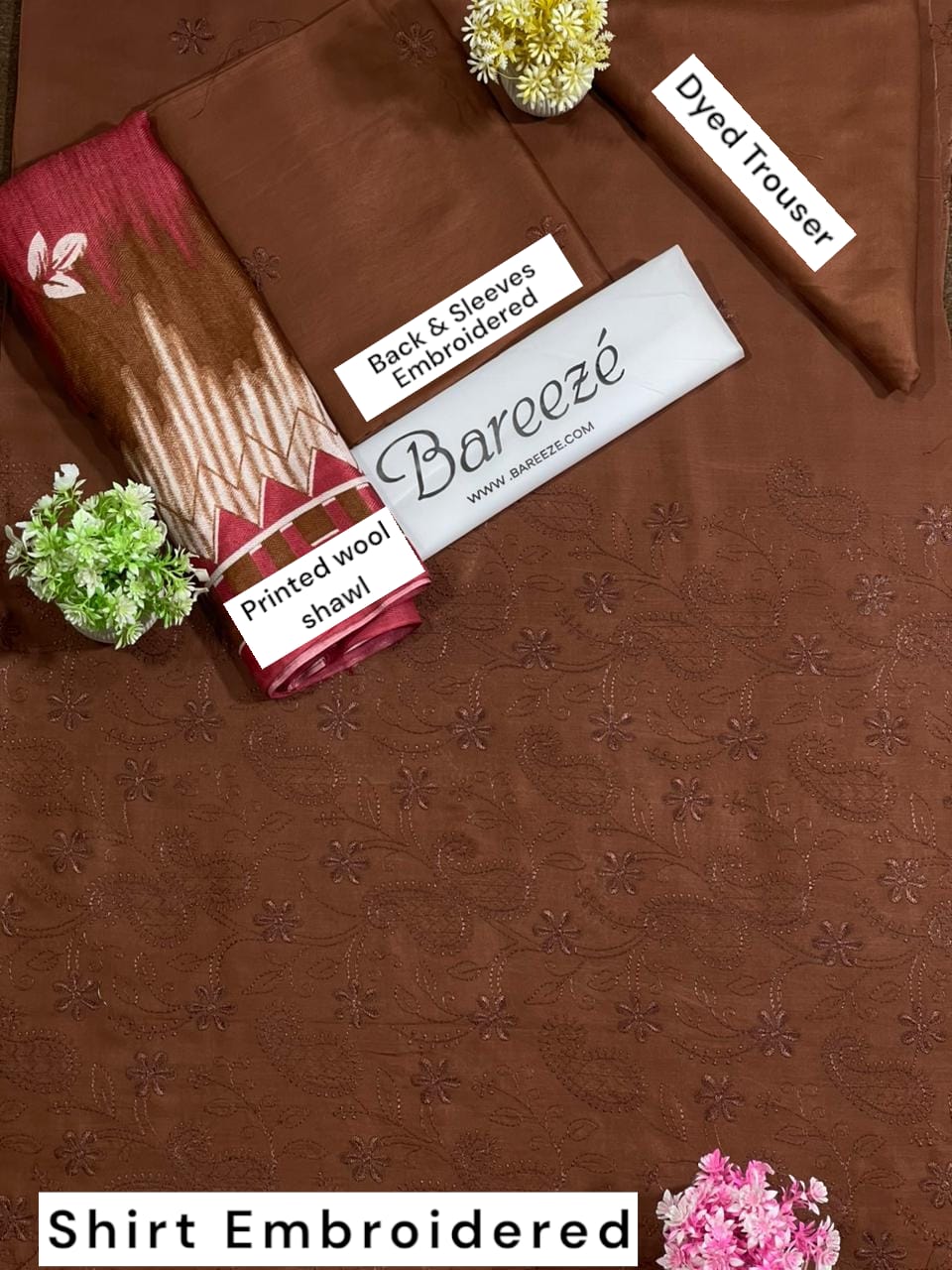 Bareeze LINEN Full Embroidered 3Pc with printed Wool shawl Dupatta
