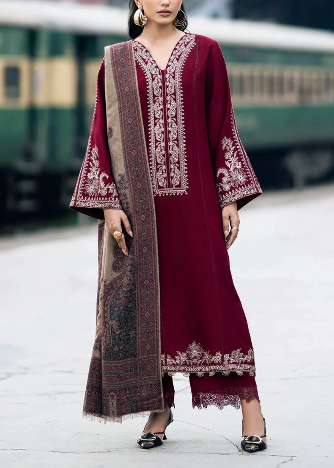 Grace W570-Embroidered 3pc marina dress with Printed shawl