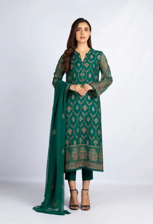 3 Pcs women’s unstitched Dhanak embroidered suit