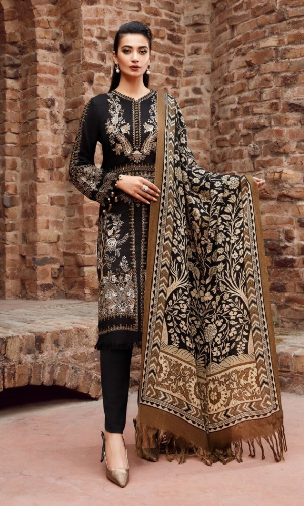 Maria.B 3 Piece Heavy Embroidered Karandi Suit ( Printed Wool Shawl ) Maria.B # 15