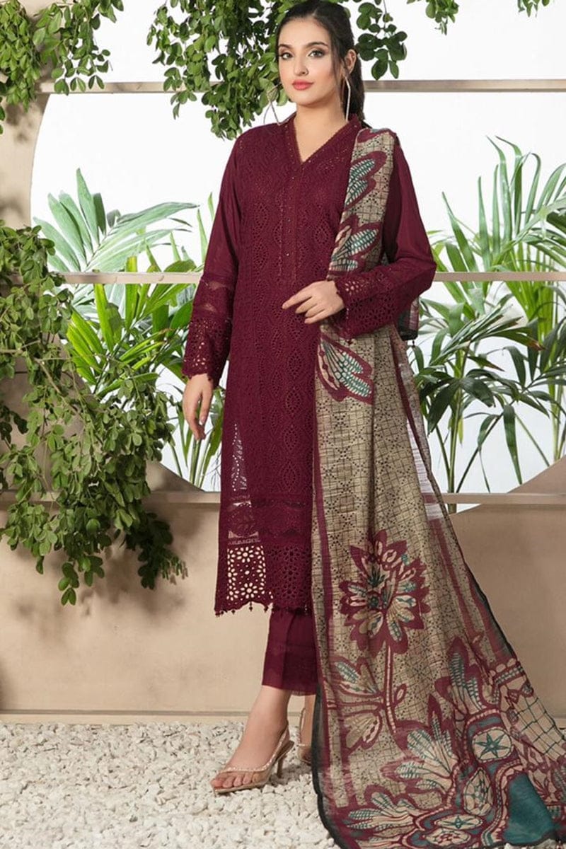 Luxury Dhanak Stuff 3 Piece Full Chiken Kari Embroidered Suit With Monar Printed Dupatta Extra Embroidered Patches.