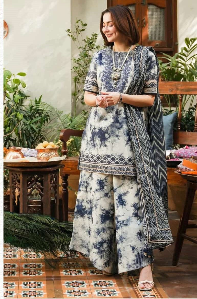 3Pc Print Lawn With Embroidered Patches