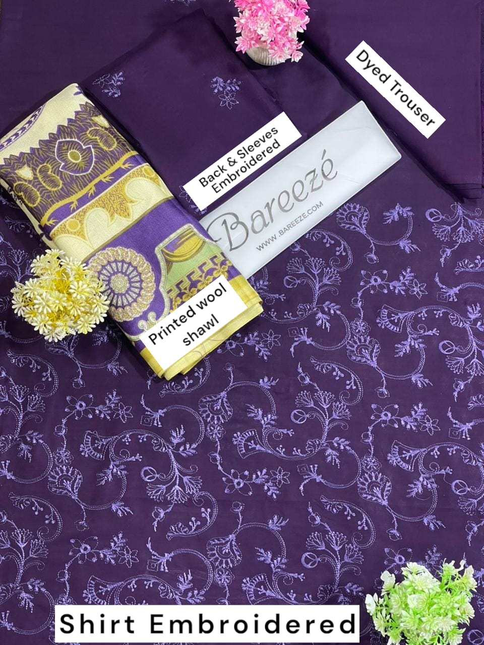 Bareeze LINEN Full Embroidered 3Pc with printed Wool shawl Dupatta