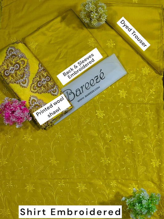 Bareeze LINEN Full Embroidered 3Pc with printed Wool shawl Dupatta