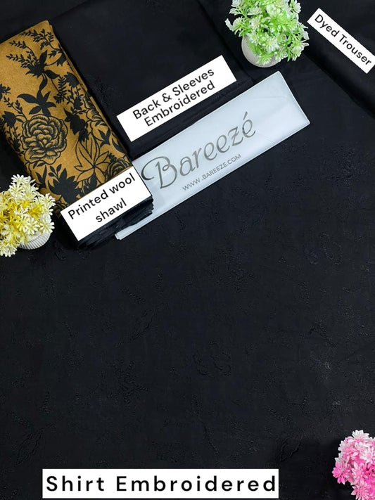 Bareeze LINEN Full Embroidered 3Pc with printed Wool shawl Dupatta