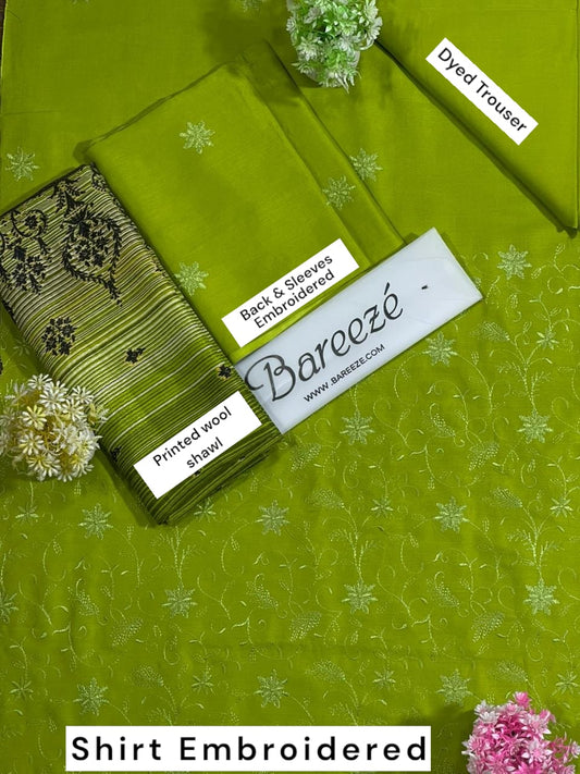 Bareeze LINEN Full Embroidered 3Pc with printed Wool shawl Dupatta