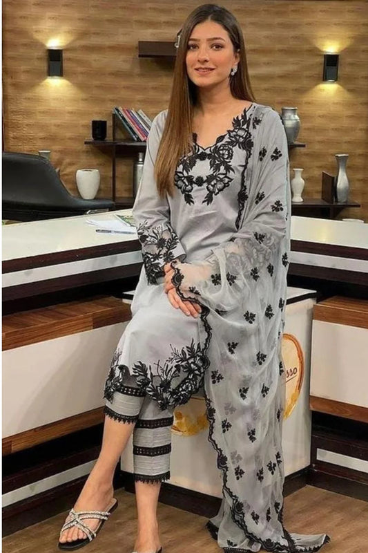 EMBROIDERED 3PC LAWN EMBROIDERED DRESS WITH CHIFFON EMBROIDERED DUPATTA  IR-307