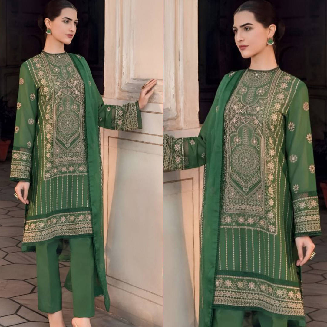 EMBROIDERED 3PC LAWN EMBROIDERED DRESS WITH CHIFFON EMBROIDERED DUPATTA  IR-231
