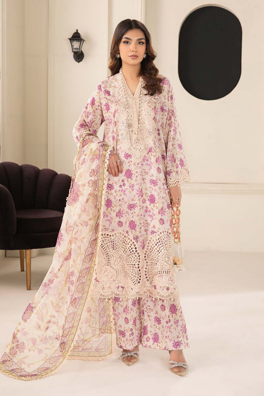 EMBROIDERED 3PC LAWN EMBROIDERED DRESS WITH CHIFFON EMBROIDERED DUPATTA  MB 2001