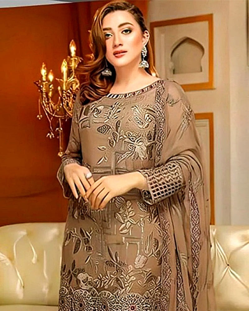 EMBROIDERED 3PC LAWN  DRESS WITH CHIFFON EMBROIDERED DUPATTA  IR-219