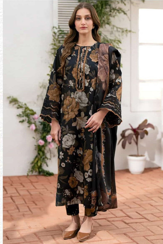 3Pc Print Lawn With Embroidered Patches