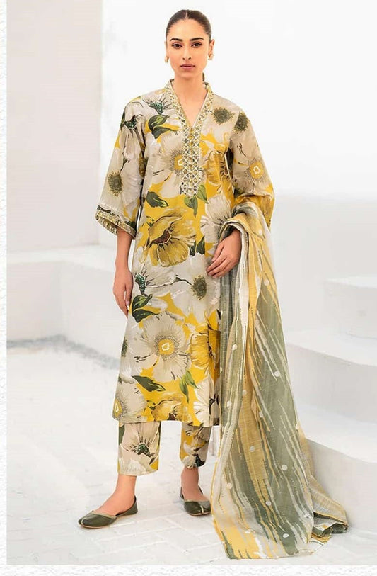 3Pc Print Lawn With Embroidered Patches