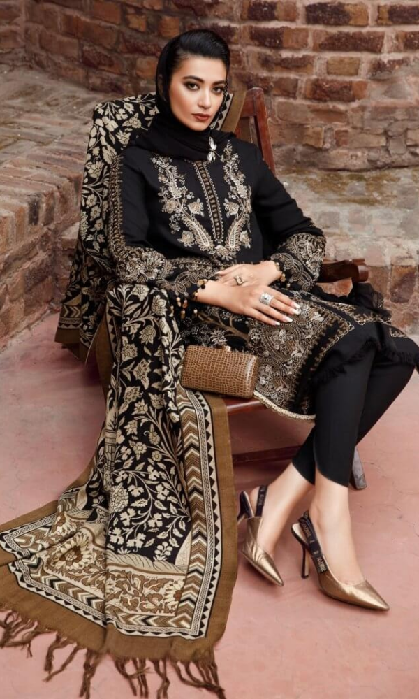 Maria.B 3 Piece Heavy Embroidered Karandi Suit ( Printed Wool Shawl ) Maria.B # 15