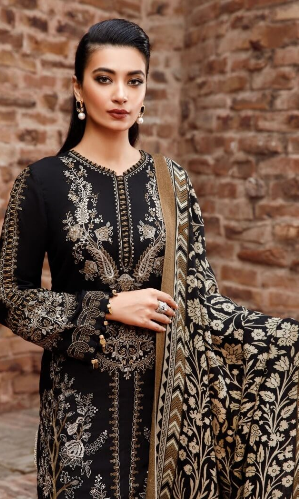Maria.B 3 Piece Heavy Embroidered Karandi Suit ( Printed Wool Shawl ) Maria.B # 15